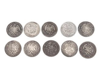 10 Silver Mexican Cap & Ray Un Peso Coins
