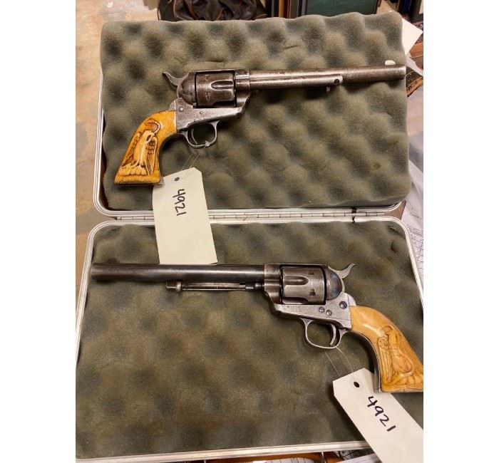 Pair of Colt SAA "Peacemaker" Custom Grip .45 Colt Revolvers w/Holster Belt
