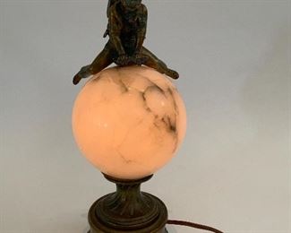 Alabaster Globe Lamp w/Metal School Boy Leap Frogging - CR 5. Available ONLINE ONLY @ www.scavengersparadise.com Please read all Terms & Conditions before purchasing.