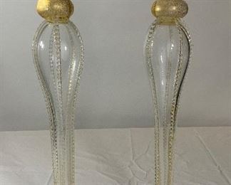 Murano Candlesticks w/Shimmery Gold Accents & Ribbed Details - Pair - LR 5. Available ONLINE ONLY @ www.scavengersparadise.com Please read all Terms & Conditions before purchasing.