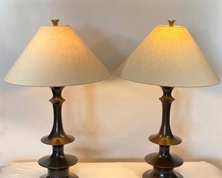 Pair of Modern Bronze Lamps w/Linen Shades - M7. Available ONLINE ONLY @ www.scavengersparadise.com Please read all Terms & Conditions before purchasing.