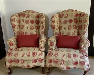 Queen Anne Wingback Chairs w/Floral Linen Slipcovers - GR1. Available ONLINE ONLY @ www.scavengersparadise.com Please read all Terms & Conditions before purchasing.