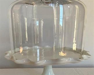 White Milk Glass Dessert Pedestal w/Scalloped Edge & Glass Dome - K13. Available ONLINE ONLY @ www.scavengersparadise.com Please read all Terms & Conditions before purchasing.