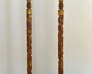 19th C. Pair of Carved Tall Gilt & Coral Candlesticks - DR 2. Available ONLINE ONLY @ www.scavengersparadise.com Please read all Terms & Conditions before purchasing.