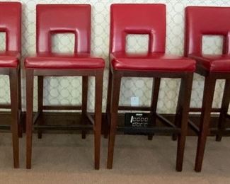 Set of Four Red Faux Leather Bar Stools - MR 2. Available ONLINE ONLY @ www.scavengersparadise.com Please read all Terms & Conditions before purchasing.