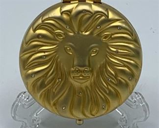 ESTEE LAUDER LION COMPACT BRUSHED GOLD W FOURTEEN STONES WITH BLACK VELVET POUCH I