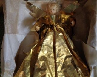 Vintage Wax Face Gold Angel Tree Topper-most likely Germany