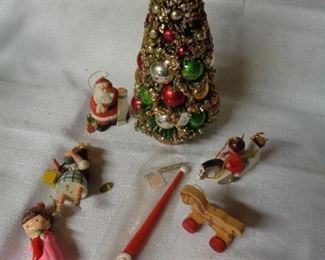 vintage ornaments and tree, D56 long Santa