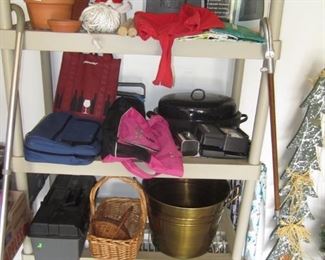 shelf, tool boxes, pots, canes & heater