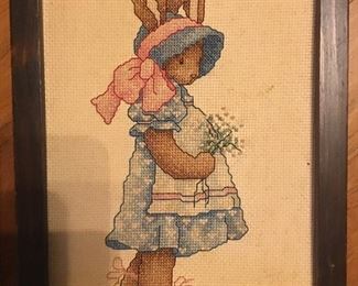 Sweet  Vintage Needlepoint Bunny with Flowers