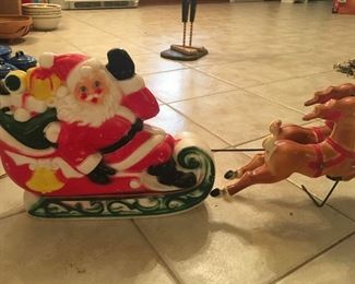 Vintage Lighted Blow Mold Santa on Sleigh Pulled by Reindeer