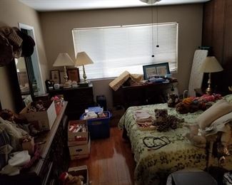 Bed, dresser, mirror, chest, dolls, sewing machine and more