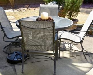 242. outdoor furniture, four (4) chairs, table, umbrella base