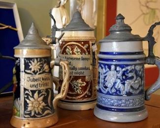 424. souvenir beer steins, some from Germany