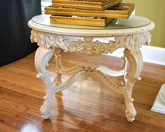 463. carved wooden white table, glass top