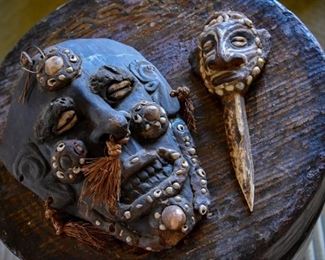 488. tribal mask, bone letter opener, world travel souvenirs