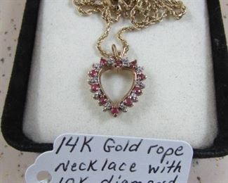 14K Gold Rope Necklace w/10K Gold Diamond & Ruby Heart