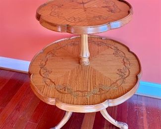 $80 - Two-Tiered Inlaid Table; AS IS, water stains on top. 32" H x 25" W