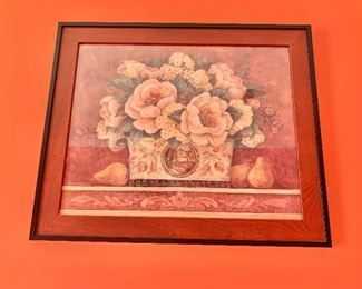 $80 - Framed decorative print, basket of flowers #1; 19.5" H x 23.5" W