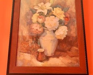 $80 - Framed decorative print, vase of flowers #2; 23.5" H x 19.5" W  
