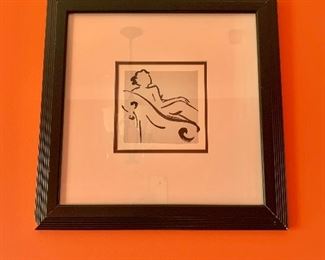 $60 - AS IS - Framed decorative print, woman reclining; 19.5" H x 19.5" W - bottom left edge of frame is cracked