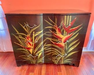 $595 - Bird of paradise three drawer handpainted dresser by Ultimate Accents; a few small chips in the paint; 42.5" H x 50" W x 20" D
