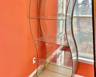 $295 - Wavy glass display shelf with light #1 (2 available, lights both tested and working) 71" H x 30.5" W x 15" D