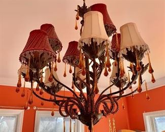 $250 - Twelve light chandelier (missing one shade). 33" H (additional 7" chain) and 29" diameter - Electrician removal fee is $45