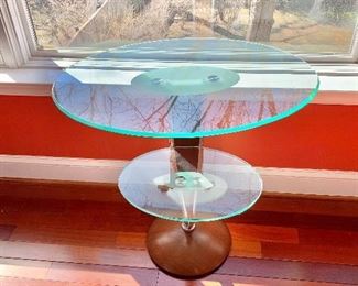 $120 - Metal and glass two-tiered side table; AS IS, wobbly; 28.5" H x 18" x 27.5"