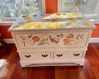 $250 - Handpainted vintage hinged chest with drawers, fabric flowers attached to top lid -  29" H x 42" W x 23" D 