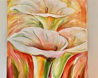 $475 - Original painting on canvas of lilies; 50" H x 40" W