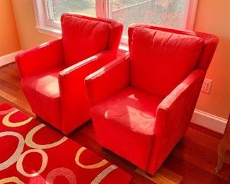$350 - Pair of Beverly Hills petite red microfiber chairs; 33" H x 26.5" W x 26" D, seat height is approximately 16"