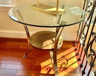 $160 - Tiered modern side table with glass top #1; 25" H x 29" diameter 