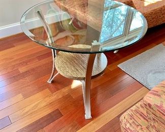 $160 - Tiered side table with glass top #2; 25" H x 29" diameter 
