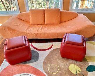 $1,200 - Orange microfiber scoop sofa; 103" W x 26" H x 35" D, seat height is approximately 12" at the middle.  
