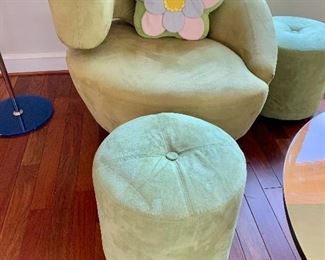 $175 each  set - Light green asymmetrical swivel chair with ottoman  - 2 available. 28.5" H x 36" W x 32" D, seat height is approximately 16". Ottoman is 16" W x 16" H  - pillow sold separately