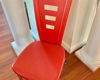 $150 each - 10  modern red dining chairs; 41" H x 17.5" W x 19" D, seat height is 17.5"