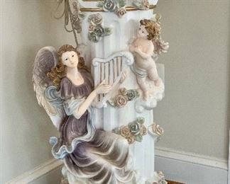 $160 - Ceramic pedestal with angels; 33" H x 15" x 15" 