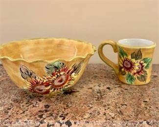 $20 Set - Sunflower bowl and large mug; bowl is 10" diameter x 5" 