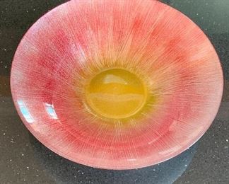 $30 - Pink and yellow glittery glass bowl; 15.5" diameter, 4" deep