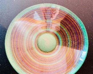 $30 - Green, orange, and purple glittery glass bowl; 16.5" diameter, 3.5" deep