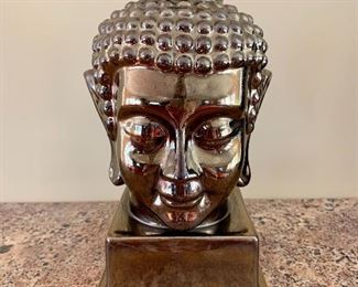 $20 - Shiny bronze-colored ceramic head of Buddha #1; 11.5" H x 5.5" W