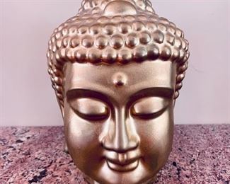 $15 - Gold painted ceramic head of Buddha #2; AS IS, drips in the paint and some green discoloration; 11" H x 7.5" D  