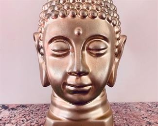 $15 - Ceramic head of Buddha on pedestal #3; AS IS, paint finish is drippy with some green discoloration. 13" H x 5" W