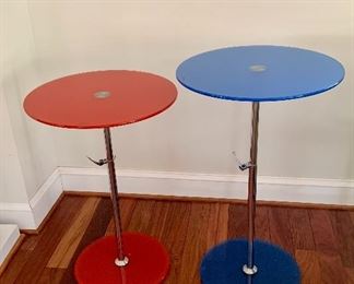 $45 each - Adjustable height tempered glass sound side tables; 31" at highest x 18" diameter top