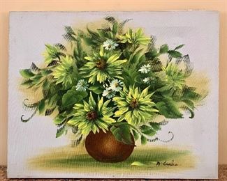 $40 - Original art - Green and white flower arrangement painting on canvas, unframed, signed A. Galeo; 16" H x 20" W 