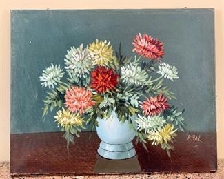 $40 - Original art - Mums flower arrangement on canvas, unframed, signed F. Hal; 16" H x 19.5" W