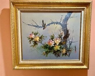 $60 - Bird and flowers painting, framed; 27.5" H x 31" W 