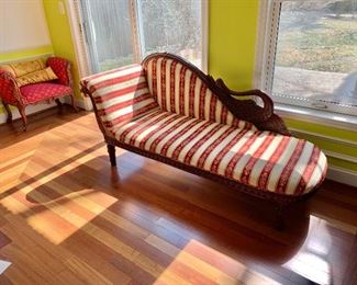 $450 - Fainting couch with carved wood swan; 35" H x 76" W x 28" D, seat height is approximately 14"