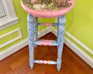 $60 - Painted wooden stool with rabbits #2; 32" H with 14" diameter seat